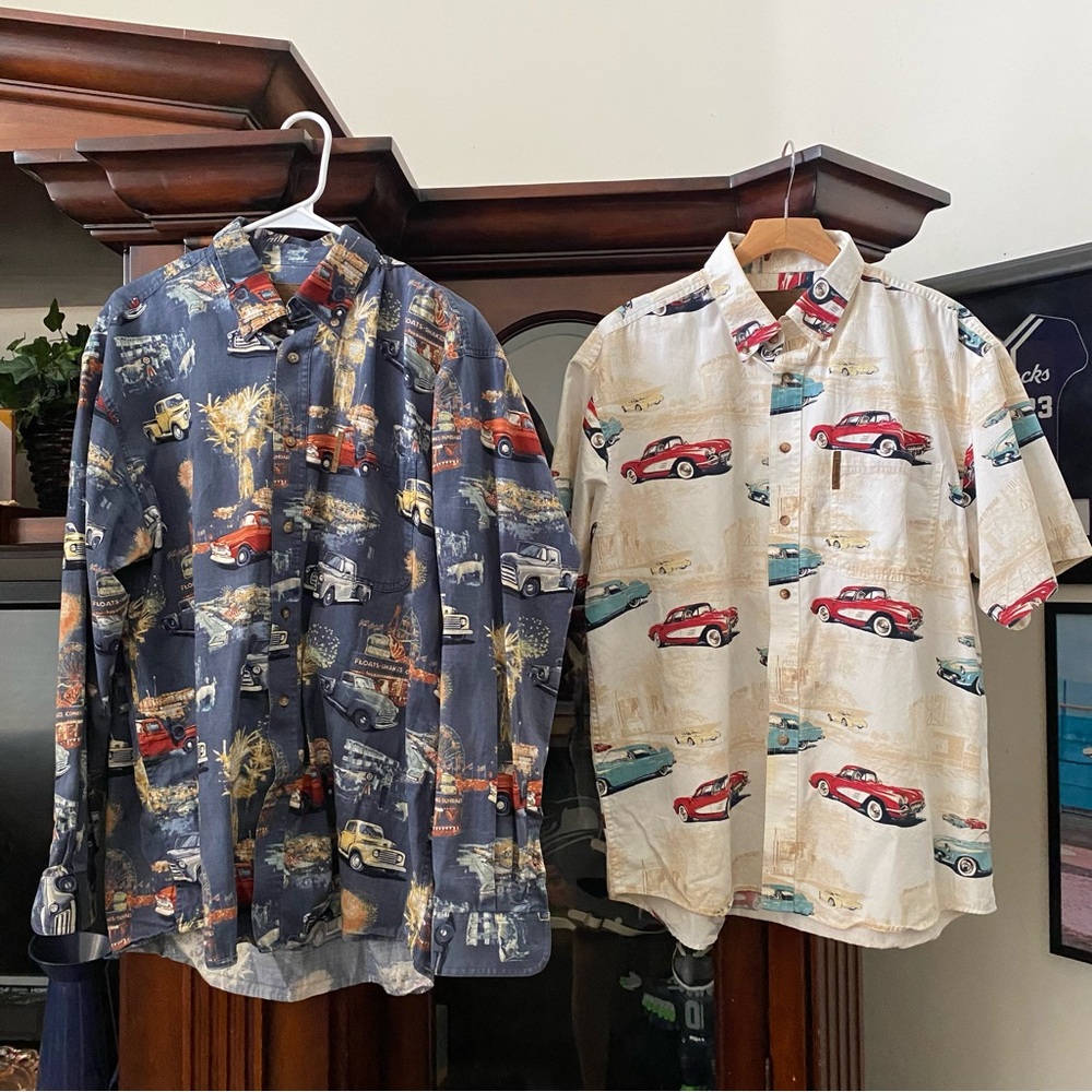 2pc Men’s Large Button Up Shirts Vintage Cars & Trucks Cabana Vacation Summer